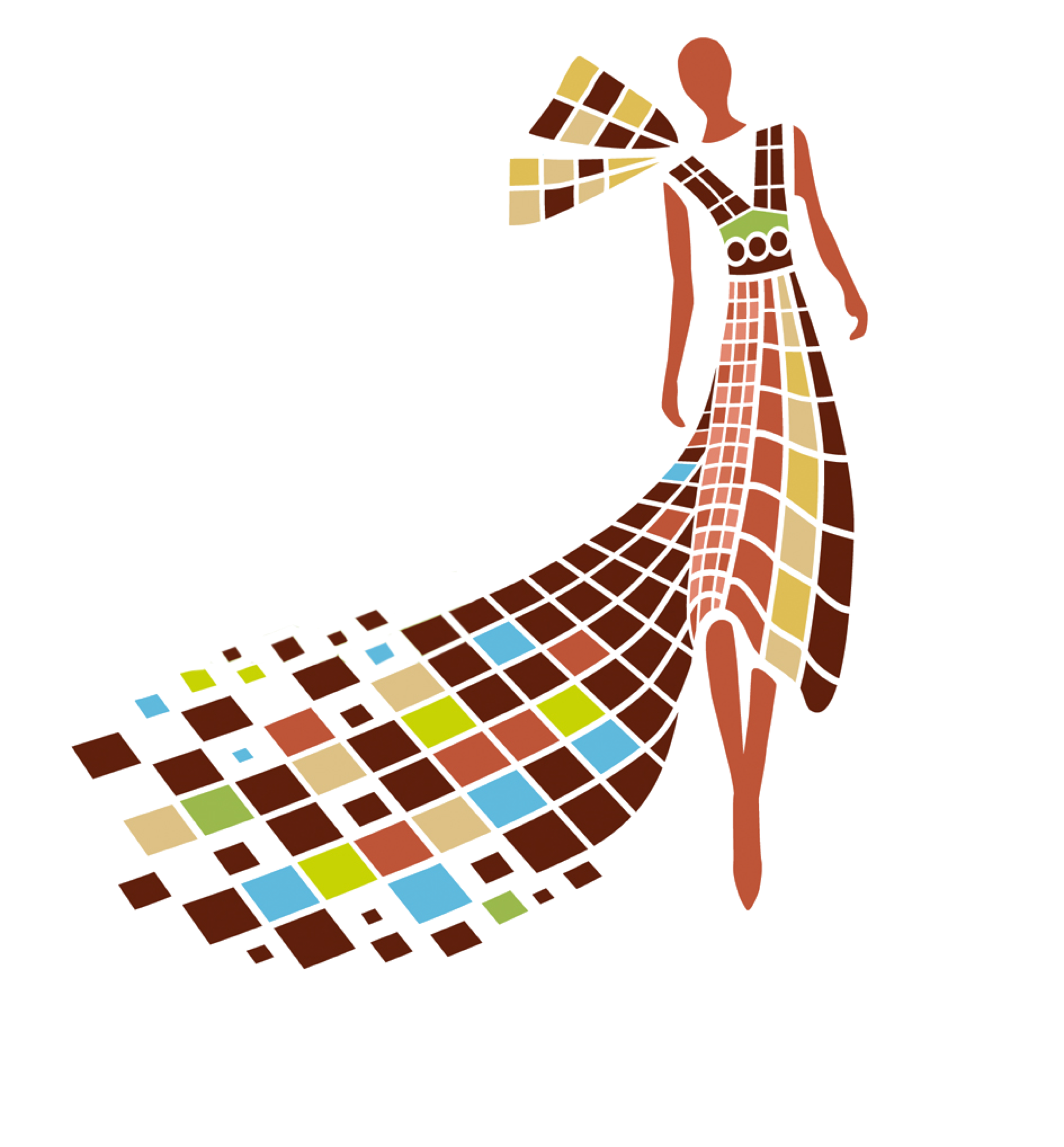 Abstrakte Darstellung einer Figur in einem langen, mosaikartigen Kleid mit bunten Quadraten.