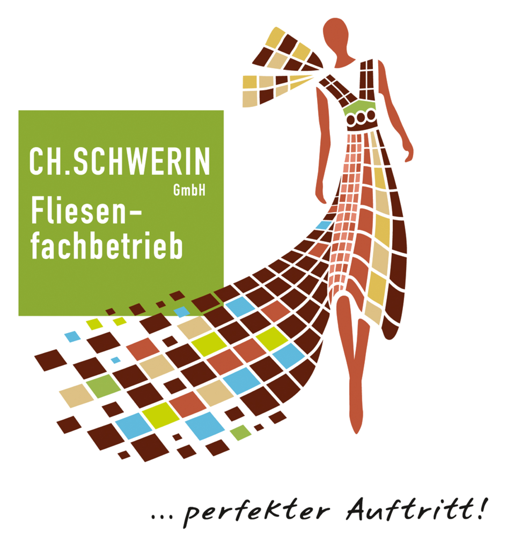 Illustration einer stilisierten Person in einem Kleid aus bunten Quadraten, daneben ein grünes Quadrat mit der Aufschrift "CH. SCHWERIN GmbH Fliesenfachbetrieb" und darunter der Text "... perfekter Auftritt!".